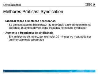 23
Melhores Práticas: Syndication
● Sindicar todas bibliotecas necessárias
Se um conteúdo na biblioteca A faz referência a um componente na
biblioteca B, ambas devem estar incluídas no mesmo syndicator
● Aumente a frequência de sindicância
Em ambientes de testes, por exemplo, 20 minutos ou mais pode ser
um intervalo mais apropriado
 