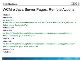 42
WCM e Java Server Pages: Remote Actions
<table>
<tr><td>
<a href="?
wcmAuthoringAction=new&type=com.ibm.workplace.wcm.api.WCM_Content">
Criar novo Conteúdo</a>
</td></tr>
<tr><td>
<a href="?wcmAuthoringAction=openmainview&view=contentbytitle">
Abrir conteúdo por título</a>
</td></tr>
<tr><td>
<a href="?wcmAuthoringAction=openmainview&view=contentbysitearea">
Abrir conteúdo por site area</a>
</td></tr>
</table>
 