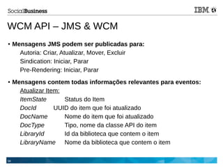 58
WCM API – JMS & WCM
● Mensagens JMS podem ser publicadas para:
Autoria: Criar, Atualizar, Mover, Excluir
Sindication: Iniciar, Parar
Pre-Rendering: Iniciar, Parar
● Mensagens contem todas informações relevantes para eventos:
Atualizar Item:
ItemState Status do Item
DocId UUID do item que foi atualizado
DocName Nome do item que foi atualizado
DocType Tipo, nome da classe API do item
LibraryId Id da biblioteca que contem o item
LibraryName Nome da biblioteca que contem o item
 
