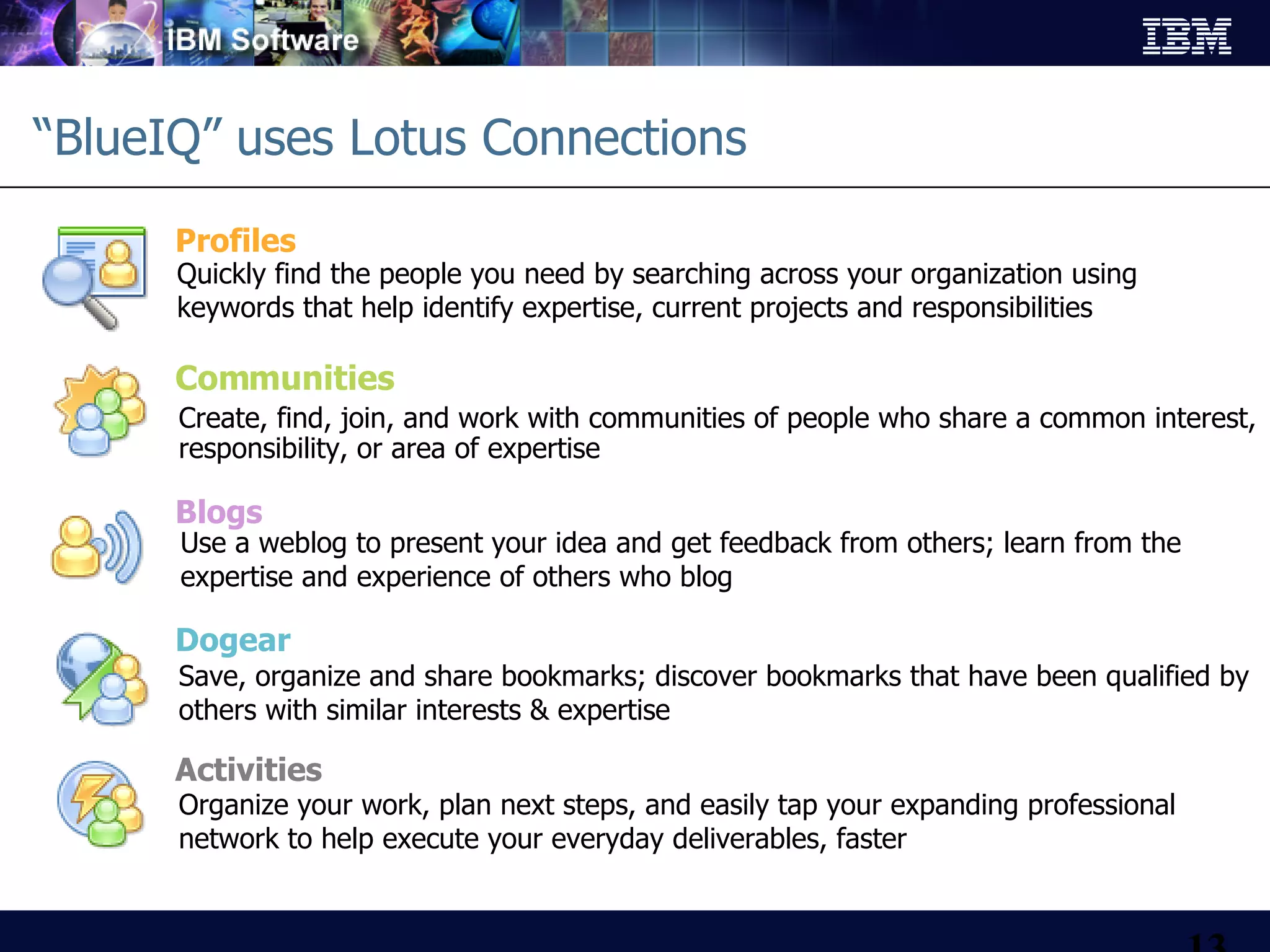 “ BlueIQ” uses Lotus Connections  Communities Create, find, join, and work with communities of people who share a common interest, responsibility, or area of expertise Blogs Use a weblog to present your idea and get feedback from others; learn from the expertise and experience of others who blog Dogear Save, organize and share bookmarks; discover bookmarks that have been qualified by others with similar interests & expertise Activities Organize your work, plan next steps, and easily tap your expanding professional network to help execute your everyday deliverables, faster Profiles Quickly find the people you need by searching across your organization using keywords that help identify expertise, current projects and responsibilities 