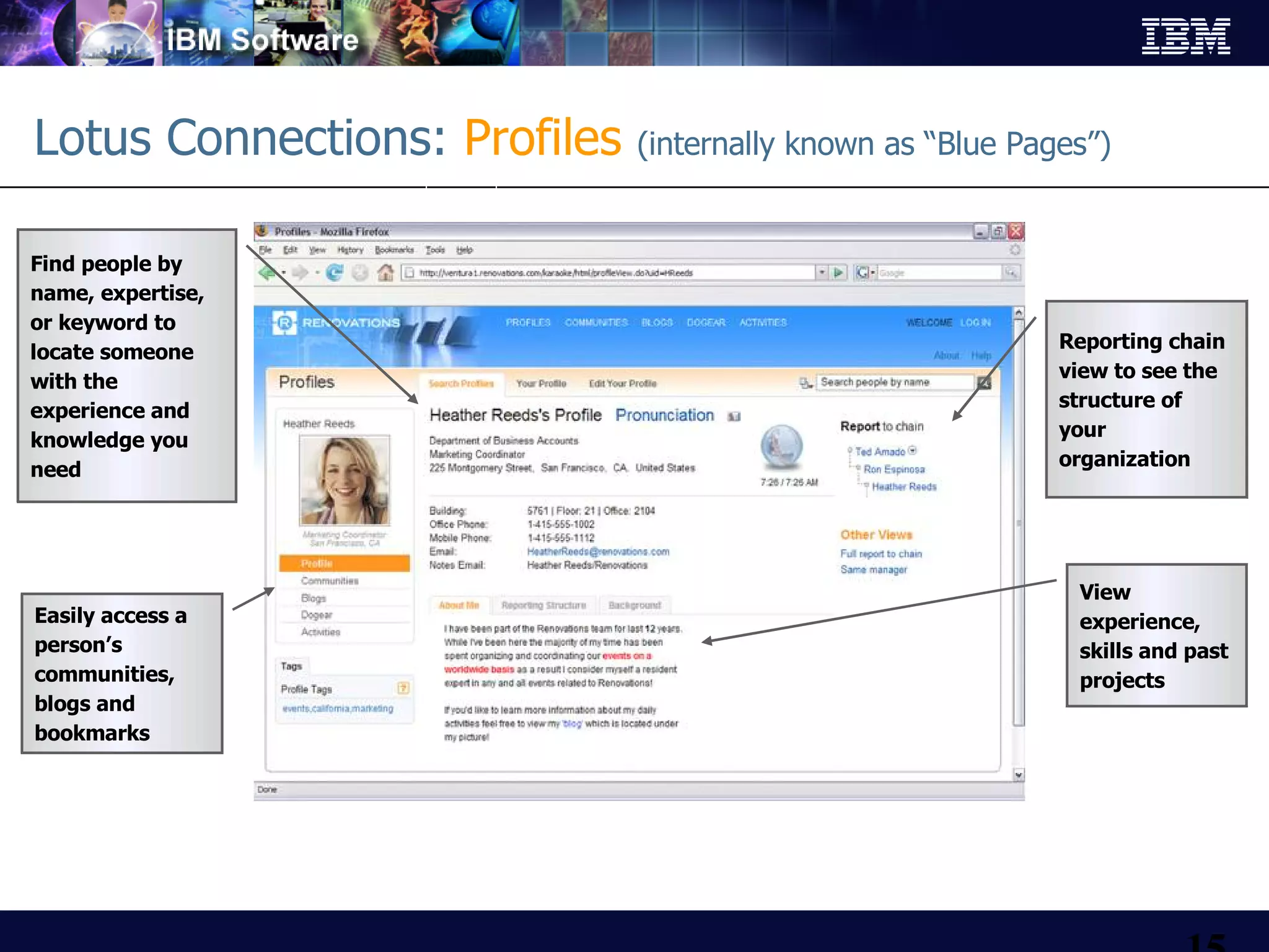 Lotus Connections:  Profiles  (internally known as “Blue Pages”) Easily access a person’s communities, blogs and bookmarks Find people by name, expertise, or keyword to locate someone with the experience and knowledge you need Reporting chain view to see the structure of your organization View experience, skills and past projects 