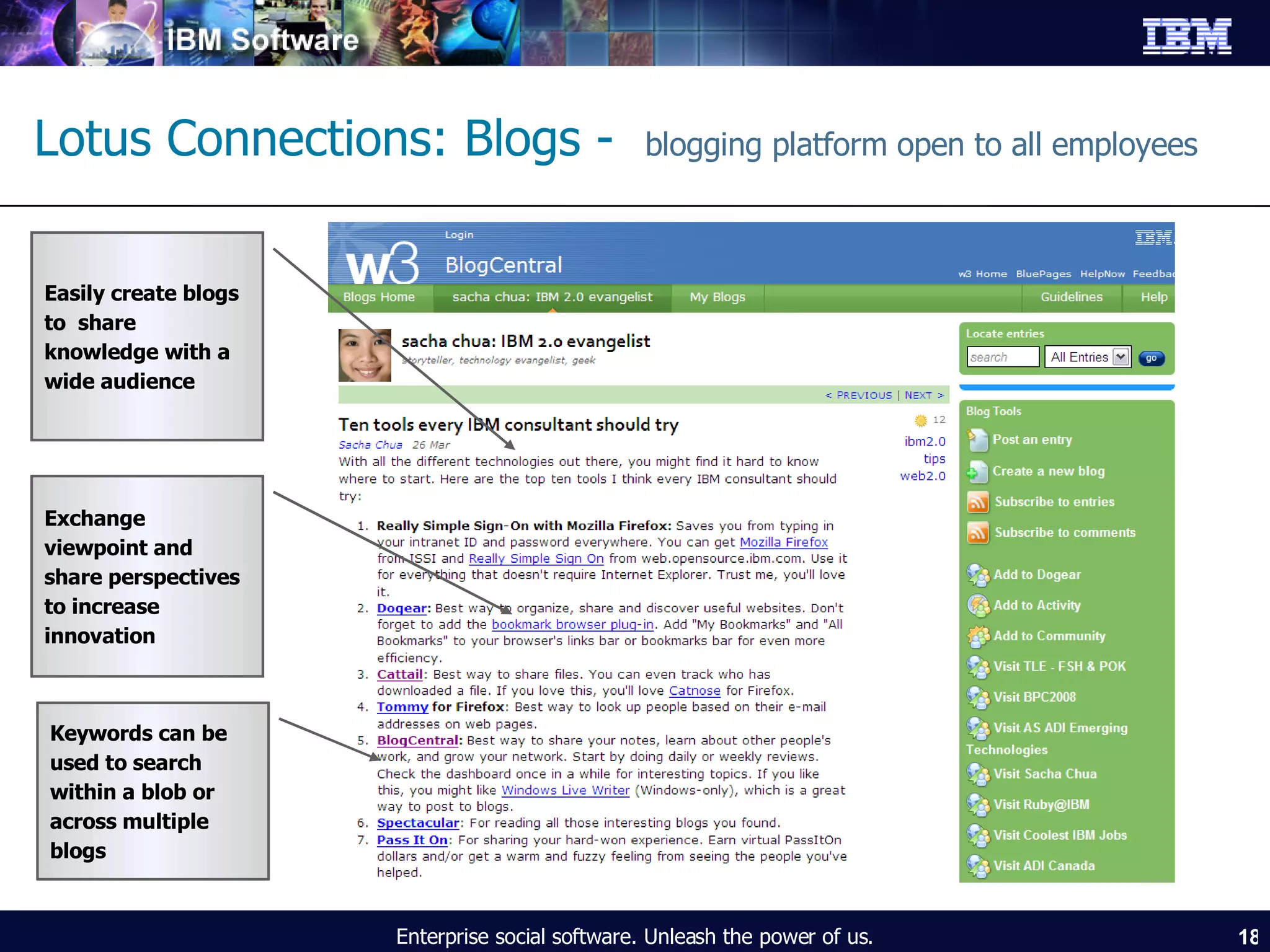 Lotus Connections: Blogs -   blogging platform open to all employees Exchange viewpoint and share perspectives to increase innovation Easily create blogs to  share knowledge with a wide audience Keywords can be used to search within a blob or across multiple blogs Enterprise social software. Unleash the power of us. 