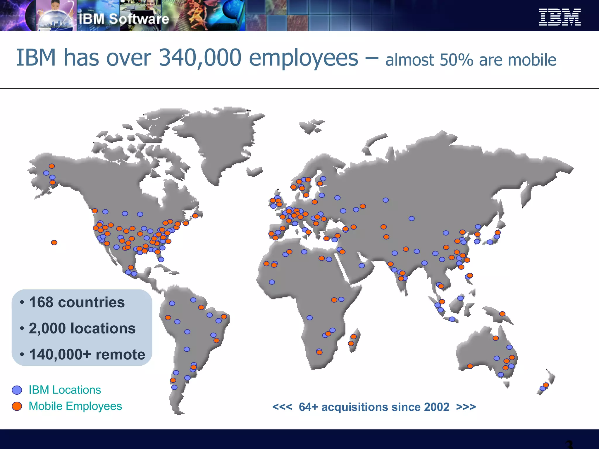 IBM has over 340,000 employees –  almost 50% are mobile 168 countries 2,000 locations 140,000+ remote <<<  64+ acquisitions since 2002  >>> IBM Locations Mobile Employees 