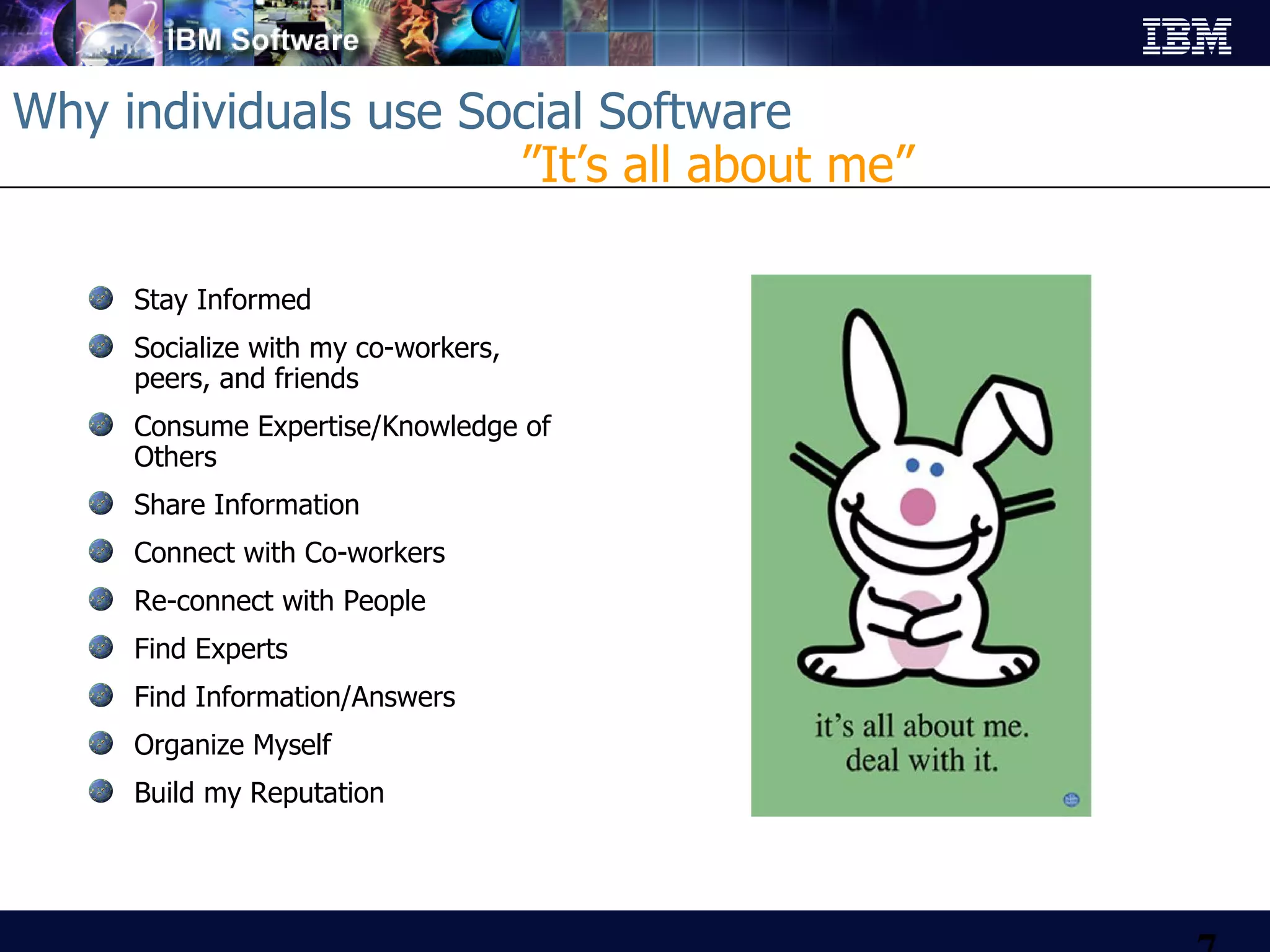 Why individuals use Social Software  ”It’s all about me”  Stay Informed Socialize with my co-workers, peers, and friends Consume Expertise/Knowledge of Others  Share Information Connect with Co-workers Re-connect with People Find Experts Find Information/Answers Organize Myself Build my Reputation 