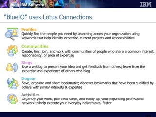 “ BlueIQ” uses Lotus Connections  Communities Create, find, join, and work with communities of people who share a common interest, responsibility, or area of expertise Blogs Use a weblog to present your idea and get feedback from others; learn from the expertise and experience of others who blog Dogear Save, organize and share bookmarks; discover bookmarks that have been qualified by others with similar interests & expertise Activities Organize your work, plan next steps, and easily tap your expanding professional network to help execute your everyday deliverables, faster Profiles Quickly find the people you need by searching across your organization using keywords that help identify expertise, current projects and responsibilities 