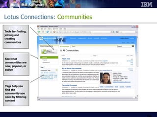 Lotus Connections:  Communities   See what communities are new, popular, or active Tags help you find the community you need by filtering content Tools for finding, joining and creating communities 
