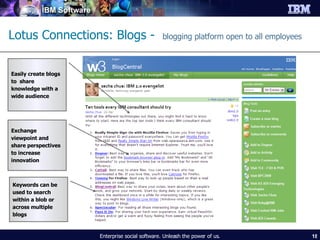 Lotus Connections: Blogs -   blogging platform open to all employees Exchange viewpoint and share perspectives to increase innovation Easily create blogs to  share knowledge with a wide audience Keywords can be used to search within a blob or across multiple blogs Enterprise social software. Unleash the power of us. 