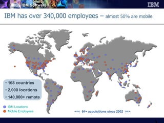 IBM has over 340,000 employees –  almost 50% are mobile 168 countries 2,000 locations 140,000+ remote <<<  64+ acquisitions since 2002  >>> IBM Locations Mobile Employees 