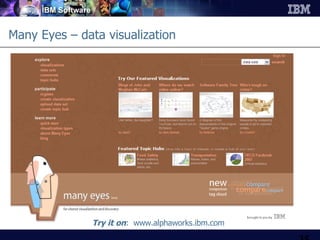 Many Eyes – data visualization Try it   on :  www.alphaworks.ibm.com 