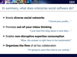 In summary, what does enterprise social software do? Breeds  diverse social networks Promotes  out-of-your-inbox thinking  Enables  non-disruptive expertise consumption Organizes the flow  of ad hoc collaboration “ I found your profile…” “ I just read this blog about a new idea…” “ Wow, the answer is right here in her bookmarks!” “ I’m going to save this chat to our activity.” 