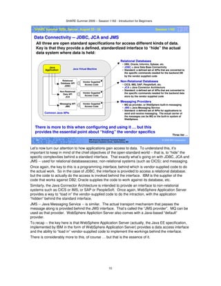 SHARE Summer 2009 -- Session 1162 - Introduction for Beginners
10
© 2009 IBM Corporation10 IBM Americas Advanced Technical Support
Washington Systems Center, Gaithersburg, MD
SHARE Summer 2009, Denver, August 23 - 28 Session 1162
Data Connectivity -- JDBC, JCA and JMS
All three are open standard specifications for access different kinds of data.
Key is that they provide a defined, standardized interface to “hide” the actual
data system where data is held:
Three tier …
Common Java APIs
Java
Application
Relational
Database API
JDBC
Non-Relational
Data API
JCA
Messaging API
JMS
Vendor Supplied
Access Code
Vendor Supplied
Access Code
Vendor Supplied
Access Code
Java Virtual Machine
Relational Databases
• DB2, Oracle, Informix, Sybase, etc.
• JDBC = Java Data Base Connectivity
• Standard: a defined set of APIs that are converted to
the specific commands needed for the backend DB
by the vendor supplied code
Non-Relational Databases
• CICS, IMS, SAP, PeopleSoft, etc.
• JCA = Java Connector Architecture
• Standard: a defined set of APIs that are converted to
the specific commands needed for the backend data
store by the vendor supplied code
Messaging Providers
• MQ as provider, or WebSphere built-in messaging
• JMS = Java Messaging Service
• Standard: a defined set of APIs for applications to
send and receive messaging. The actual carrier of
the messages can be MQ or the built-in system of
WebSphere.
There is more to this when configuring and using it … but this
provides the essential point about “hiding” the vendor specifics
Let’s now turn our attention to how applications gain access to data. To understand this, it’s
important to keep in mind of the chief objectives of the open-standard world -- that is, to “hide” the
specific complexities behind a standard interface. That exactly what’s going on with JDBC, JCA and
JMS -- used for relational databaseaccess; non-relational systems (such as CICS); and messaging.
Once again, the key to this is a programming interface, behind which is vendor-supplied code to do
the actual work. So in the case of JDBC, the interface is provided to access a relational database,
but the code to actually do the access is invoked behind the interface. IBM is the supplier of the
code that works against DB2; Oracle supplies the code to work against its database, etc.
Similarly, the Java Connector Architecture is intended to provide an interface to non-relational
systems such as CICS or IMS, or SAP or PeopleSoft. Once again, WebSphere Application Server
provides a way to “load in” the vendor-supplied code to do the intraction, with the application
“hidden” behind the standard interface.
JMS -- Java Messaging Service -- is similar. The actual transport mechanism that passes the
message along is provided behind the JMS interface. That’s called the “JMS provider”. MQ can be
used as that provider. WebSphere Appliction Server also comes with a Java-based “default”
provider.
To recap -- the key here is that WebSphere Application Server (actually, the Java EE specification,
implemented by IBM in the form of WebSphere Application Server) provides a data access interface
and the ability to “load in” vendor-supplied code to implement the workings behind the interface.
There is considerably more to this, of course … but that is the essence of it.
 