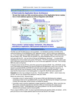 SHARE Summer 2009 -- Session 1162 - Introduction for Beginners
18
© 2009 IBM Corporation18 IBM Americas Advanced Technical Support
Washington Systems Center, Gaithersburg, MD
SHARE Summer 2009, Denver, August 23 - 28 Session 1162
A Peek Inside the Application Server Architecture
We see that inside our little curved-box picture of the Application Server resides
two or more address spaces as well as integration with zWLM:
Exploits platform …
JCL
JVM
Controller Region
Native Code
zWLM
Servant Region
Native Code
JVM
App App
JCL
Servant Region
SR: Application Infrastructure
• Maintains app JVM runtime
• May support one or more
applications
• Connectivity to data from SR
• Min/Max controllable by admin
Default: min=1, max=1
zWLM
• Manages starting of SRs
• Manages stopping of SRs
• Requests queued to zWLM, then to SR
START command
(MVS or Admin Console)
Native Code
JVM
App App
CR SR
AppServer
This is a built-in “vertical scaling” mechanism. Also allows for
redundancy of application JVM to prevent single point of failure
CR: WAS “Plumbing” Code
• Native and Java
• No application code
• TCP listeners reside here
• Queues requests to WLM
The little icon with the little boxes is not an accident -- it’s intended to provide a reminder of the
internal architecture of the WebSphere z/OS “application server,” which is where your applications
run. It is in fact made up of multiple address spaces -- one “Controller Region” (CR) and at least one
Servant Region (SR). Multiple SRs are possible if you allow WebSphere to start more than one.
Let’s start with the CR -- you can think of that as the WebSphere “plumbing” … it’s where WAS
establishes the communication entry points (TCP ports). The CR is comprised of some native code
and a JVM where various Java things are run, but no end-user application runs here. This is strictly
IBM-only code running here.
A request comes into the CR first, and it then queues the request to WLM. Yes, z/OS WLM. It acts
as an intermediary point between the inbound receipt and the application, which runs in the SR. The
request is queued to WLM, and WLM then picks the servant region to assign the request to. If
there’s only one SR, then the decision is easy. But here’s where things get interesting -- if WLM
sees that the inbound work is not meeting goals in a single SR, WLM may start a second SR.
Important: but only if you configure it to do this. The default is MIN=1, MAX=1, which means only
one SR. But you can change those settings to meet your needs.
What’s the value of this? Several things:
• It provides a kind of “vertical scaling” (on the same LPAR) with WLM being the intelligent
coordinator of when to fire up additional SR’s, but also with WLM being the intelligent coordinator
of which SR is best able, at that moment, to handle the request.
• It provides a way to avoid an application outage caused by a JVM failure. When more than one
SR is active, physically separate (but identical) JVMs are maintained, with copies of your
applications in each. A bad application may cause problems in on SR, but the CR/WLM
structure will seamlessly route to remaining SRs.
This is unique to WAS on z/OS. It’s easy to get distracted by the specifics of this, but please .. at this
point just focus on the multiple address space structure with WLM in the middle.
 