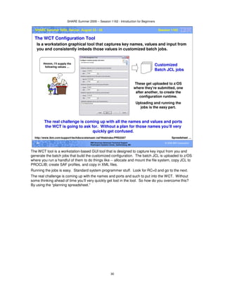 SHARE Summer 2009 -- Session 1162 - Introduction for Beginners
30
© 2009 IBM Corporation30 IBM Americas Advanced Technical Support
Washington Systems Center, Gaithersburg, MD
SHARE Summer 2009, Denver, August 23 - 28 Session 1162
The WCT Configuration Tool
Is a workstation graphical tool that captures key names, values and input from
you and consistently imbeds those values in customized batch jobs.
Spreadsheet …
Hmmm, I’ll supply the
following values …
Customized
Batch JCL jobs
These get uploaded to z/OS
where they’re submitted, one
after another, to create the
configuration runtime.
Uploading and running the
jobs is the easy part.
The real challenge is coming up with all the names and values and ports
the WCT is going to ask for. Without a plan for those names you’ll very
quickly get confused.
http://www.ibm.com/support/techdocs/atsmastr.nsf/WebIndex/PRS3357
The WCT tool is a workstation-based GUI tool that is designed to capture key input from you and
generate the batch jobs that build the customized configuration. The batch JCL is uploaded to z/OS
where you run a handful of them to do things like -- allocate and mount the file system, copy JCL to
PROCLIB; create SAF profiles, and copy in XML files.
Running the jobs is easy. Standard system programmer stuff. Look for RC=0 and go to the next.
The real challenge is coming up with the names and ports and such to put into the WCT. Without
some thinking ahead of time you’ll very quickly get lost in the tool. So how do you overcome this?
By using the “planning spreadsheet.”
 