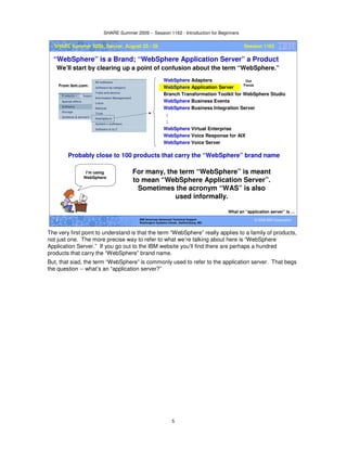SHARE Summer 2009 -- Session 1162 - Introduction for Beginners
5
© 2009 IBM Corporation5 IBM Americas Advanced Technical Support
Washington Systems Center, Gaithersburg, MD
SHARE Summer 2009, Denver, August 23 - 28 Session 1162
“WebSphere” is a Brand; “WebSphere Application Server” a Product
We’ll start by clearing up a point of confusion about the term “WebSphere.”
What an “application server” is …
WebSphere Adapters
WebSphere Application Server
Branch Transformation Toolkit for WebSphere Studio
WebSphere Business Events
WebSphere Business Integration Server
:
:
WebSphere Virtual Enterprise
WebSphere Voice Response for AIX
WebSphere Voice Server
From ibm.com:
Probably close to 100 products that carry the “WebSphere” brand name
Our
Focus
I’m using
WebSphere
For many, the term “WebSphere” is meant
to mean “WebSphere Application Server”.
Sometimes the acronym “WAS” is also
used informally.
The very first point to understand is that the term “WebSphere” really applies to a family of products,
not just one. The more precise way to refer to what we’re talking about here is “WebSphere
Application Server.” If you go out to the IBM website you’ll find there are perhaps a hundred
products that carry the “WebSphere” brand name.
But, that siad, the term “WebSphere” is commonly used to refer to the application server. That begs
the question -- what’s an “application server?”
 