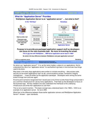 SHARE Summer 2009 -- Session 1162 - Introduction for Beginners
6
© 2009 IBM Corporation6 IBM Americas Advanced Technical Support
Washington Systems Center, Gaithersburg, MD
SHARE Summer 2009, Denver, August 23 - 28 Session 1162
What An “Application Server” Provides
WebSphere Application Server is an “application server” … but what is that?
Standards …
In the “Old Days”
Business
Logic
User Access
and Security
Transaction
Communications
Data Access
Developer
Nowadays
Had to write it all
Everyone was
reinventing wheel
over and over
again
Business
Logic
Transaction Communications
Data Access Security
Published Interfaces
Developer
Application Server
Purpose is to provide pre-packaged application support stuff so developers
can focus on the main business task. No more re-inventing the wheel.
This is not new with WebSphere … IBM had an application server back in 1968!*
* CICS is an application server
So what’s the key difference between WebSphere and past application servers?
So what is an “application server?” It is, as the name implies, a place to run applications. And to
understand the role of an “application server” it’s worthwhile to go back in time and see how things
used to be done.
Way back in the early days applications were written to include everything -- data access code,
security (to the extent applications had it at all), communications access, transaction integrity
management … it was all written by the application developer. Developers were writing the same
kinds of things over and over again.
At some point someone recognized that it would save a lot of time to write those things and provide it
as a common infrastructure for use by many applications. That freed up the developers to focus on
the business logic. All they needed to do was understand the interfaces to the underlying
infrastructure and write their applications to use them.
This is not a recent invention. This basic concept was understood back in the 1960’s. CICS is an
example of an application server. So too is IMS.
What then is the difference between those earlier application servers and WebSphere Application
Server? Answer -- open standards.
 