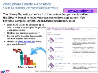 Liberty Kernel
The Liberty Repository holds all of the content that you can install on
the Liberty Kernel to make your own customized app server: New
Features, Samples, Scripts, Open Source integration, Betas
• Repo hosts IBM code as well as open
source integration samples for popular
open source pkgs
• Enables our continuous delivery
• Serves as the base for dynamically
built Buildpacks for Bluemix.
• Hosted on www.wasdev.net or on-
premise (planned)
www.wasdev.net
WebSphere Liberty Repository:
Key to Continuous Delivery of Business Value
© 2015 IBM Corporation 9
 