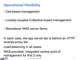 Operational Flexibility
• Cell-based management
• Loosely-coupled Collective-based management
• Standalone WAS server farms
In each case, the app server tier is behind an HTTP
reverse-proxy tier.
Load-balancing in all cases.
WAS-provided, integrated central point of
management for first 2 only
© 2015 IBM Corporation 18
 