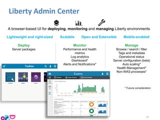Liberty Admin Center
A browser-based UI for deploying, monitoring and managing Liberty environments
Lightweight and right-sized Scalable Open and Extensible Mobile-enabled
Monitor
Performance and health
metrics
Log analytics
Dashboard*
Alerts and Notifications*
Deploy
Server packages
Manage
Browse / search / filter
Tags and metadata
Operational status
Server configuration (beta)
Auto scaling*
Health Management*
Non-WAS processes*
* Future consideration
© 2015 IBM Corporation 22
 