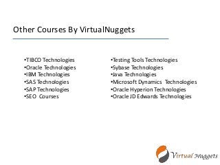 Other Courses By VirtualNuggets
•TIBCO Technologies
•Oracle Technologies
•IBM Technologies
•SAS Technologies
•SAP Technologies
•SEO Courses
•Testing Tools Technologies
•Sybase Technologies
•Java Technologies
•Microsoft Dynamics Technologies
•Oracle Hyperion Technologies
•Oracle JD Edwards Technologies
 
