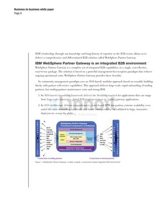 Page 6
Business-to-business white paper
IBM’s leadership, through our knowledge and long history of expertise in the B2B sector, allows us to
deliver a comprehensive and differentiated B2B solution called WebSphere Partner Gateway.
IBM WebSphere Partner Gateway is an integrated B2B environment
WebSphere Partner Gateway is a complete set of integrated B2B capabilities, in a single, cost-effective,
easy-to-use package. The solution is based on a powerful management-by-exception paradigm that reduces
ongoing operational costs. WebSphere Partner Gateway provides these beneﬁts:
Its community management paradigm uses an SOA-based, modular approach based on reusable building
blocks with partner self-service capabilities. This approach delivers large-scale, rapid onboarding of trading
partners, low trading-partner maintenance costs and strong ROI.
1. Its SOA-based extensibility framework delivers the ﬂexibility required for applications that can range
from large-scale, innovative, global B2B implementations to “niche” gateway applications.
2. Its SOA architecture delivers comprehensive, event-based BPM integration, extreme scalability even
under the most demanding workloads and broad interoperability—as validated in large, innovative
deployments across the globe.
Figure 1: WebSphere Partner Gateway: a highly scalable, components-based integrated B2B environment
 