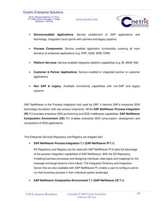 Cnetric Enterprise Solutions
43/1A, Aishwarya Mansion, 2
nd
Floor,
9th
A Main Road, Indiranagar 1st
Stage,
Bangalore – 560 038
www.cnetric.com
EAI Evaluation Worksheet Copyright © 2008 Cnetric Enterprise
Solutions (P) Ltd.
14
• Service-enabled Applications: Service enablement of SAP applications and
technology. Integration touch points with partners and legacy systems
• Process Components: Service enabled application functionality covering all main
domains of enterprise applications (e.g. ERP, SCM, SRM, CRM)
• Platform Services: Service enabled integration platform capabilities (e.g. BI, MDM, KM)
• Customer & Partner Applications: Service enabled or integrated partner or customer
applications
• Non SAP & Legacy: Available connectivity capabilities with non-SAP and legacy
systems
SAP NetWeaver is the Process Integration tool used by SAP. It delivers SAP’s enterprise SOA
technology foundation with two product shipments. While SAP NetWeaver Process Integration
(PI) 7.1 provides enterprise SOA provisioning and SOA middleware capabilities, SAP NetWeaver
Composition Environment (CE) 7.1 enables enterprise SOA consumption, development and
composition of SOA applications.
The Enterprise Services Repository and Registry are shipped with:
• SAP NetWeaver Process Integration 7.1 (SAP NetWeaver PI 7.1)
ES Repository and Registry can be used with SAP NetWeaver PI to take full advantage
of the process integration capabilities of SAP NetWeaver. With the ES Repository,
modeling business processes and designing interfaces, data types and mappings for the
message exchange become more robust. The Integration Directory and Integration
Server that are also available with SAP NetWeaver PI, enable a user to configure and to
run their business process in their individual system landscape.
• SAP NetWeaver Composition Environment 7.1 (SAP NetWeaver CE 7.1)
 