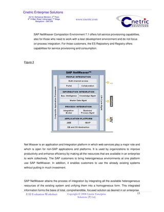 Cnetric Enterprise Solutions
43/1A, Aishwarya Mansion, 2
nd
Floor,
9th
A Main Road, Indiranagar 1st
Stage,
Bangalore – 560 038
www.cnetric.com
EAI Evaluation Worksheet Copyright © 2008 Cnetric Enterprise
Solutions (P) Ltd.
15
SAP NetWeaver Composition Environment 7.1 offers full service provisioning capabilities,
also for those who need to work with a lean development environment and do not focus
on process integration. For those customers, the ES Repository and Registry offers
capabilities for service provisioning and consumption.
Figure 3
Net Weaver is an application and Integration platform in which web services play a major role and
which is open for non-SAP applications and platforms. It is used by organizations to improve
productivity and enhance efficiency by making all the resources that are available in an enterprise
to work collectively. The SAP customers to bring heterogeneous environments at one platform
use SAP NetWeaver. In addition, it enables customers to use the already existing systems
without putting in much investment.
SAP NetWeaver attains the process of integration by integrating all the available heterogeneous
resources of the existing system and unifying them into a homogeneous form. This integrated
information forms the basis of total, comprehendible, focused solution as desired in an enterprise.
 