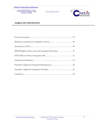 Cnetric Enterprise Solutions
43/1A, Aishwarya Mansion, 2
nd
Floor,
9th
A Main Road, Indiranagar 1st
Stage,
Bangalore – 560 038
www.cnetric.com
EAI Evaluation Worksheet Copyright © 2008 Cnetric Enterprise
Solutions (P) Ltd.
2
TABLE OF CONTENTS
Executive Summary………………………………………………………… 03
Defining a comprehensive integration solution……………………………... 04
Introduction to SOA……………………………………………………….. 06
IBM WebSphere Process Server & Integration Developer………………….. 07
SAP NetWeaver Process Integration (PI)……………………………………10
Architectural Similarities……………………………………………………..16
Enterprise Application Integration Requirements……………………………20
Enterprise Application Integration Checklist………………………………...21
Conclusion………………………………………………………………….. 26
 