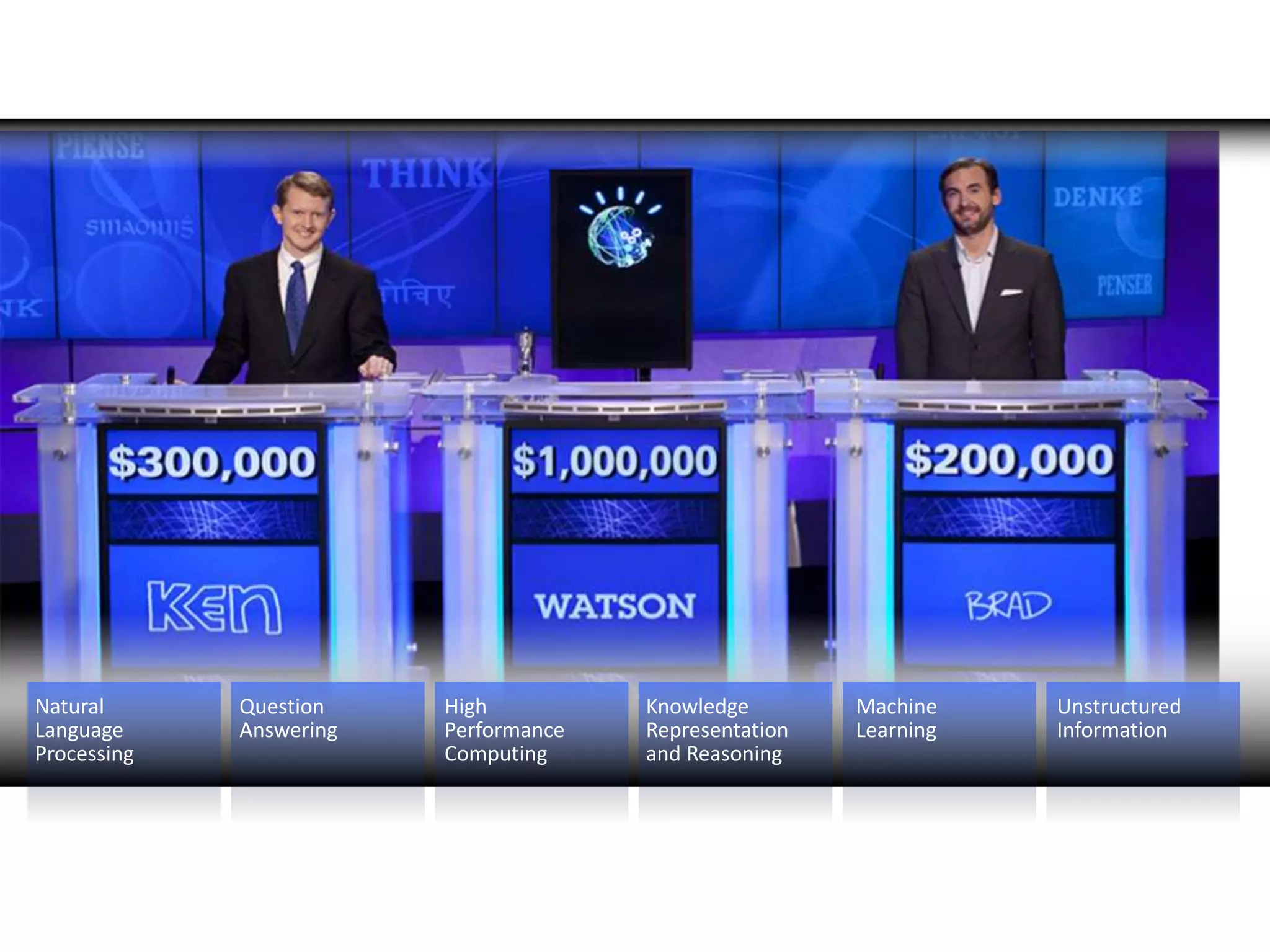 Machine
Learning
Natural
Language
Processing
High
Performance
Computing
Knowledge
Representation
and Reasoning
Question
Answering
Unstructured
Information
 