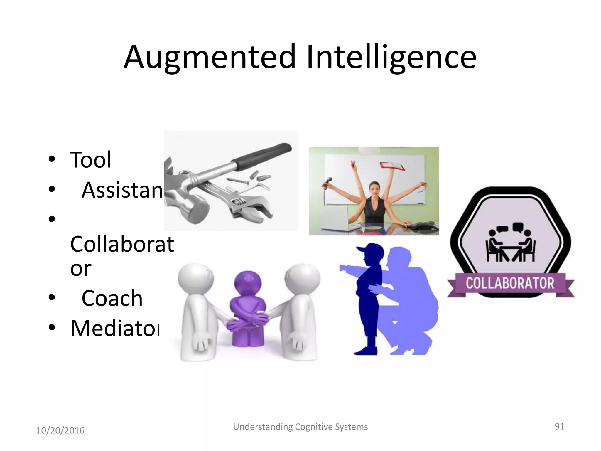Augmented Intelligence
• Tool
• Assistant
•
Collaborat
or
• Coach
• Mediator
10/20/2016 Understanding Cognitive Systems 91
 
