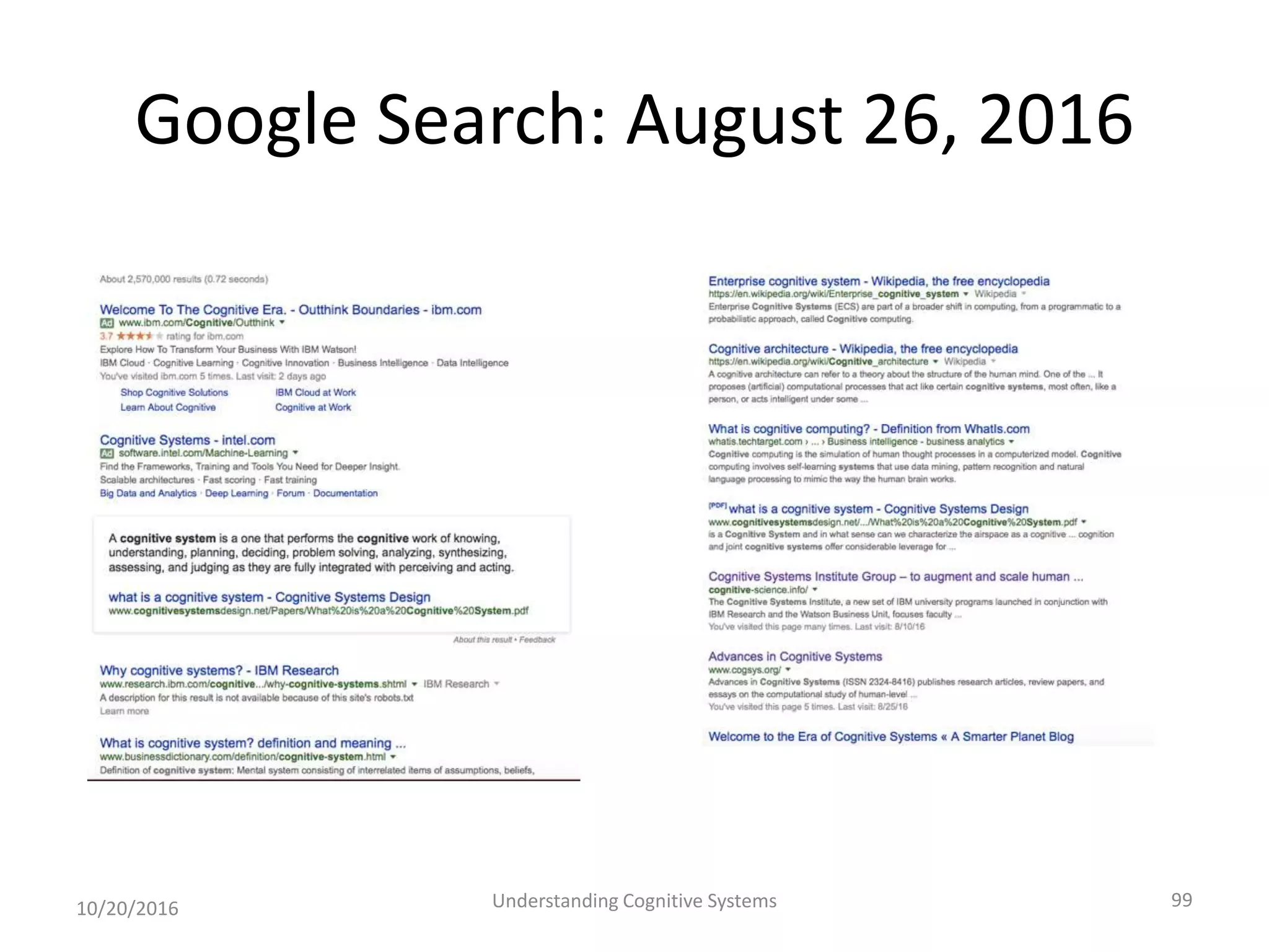 Google Search: August 26, 2016
10/20/2016 Understanding Cognitive Systems 99
 