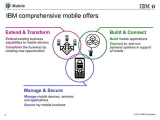 Mobile

    IBM comprehensive mobile offers"

Extend & Transform                            Build & Connect
Extend existing business                      Build mobile applications
capabilities to mobile devices                Connect to, and run
Transform the business by                     backend systems in support
creating new opportunities                    of mobile




            Manage & Secure
            Manage mobile devices, services
            and applications
            Secure my mobile business


3                                                            © 2012 IBM Corporation
 