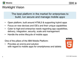 Mobile

Worklight Vision

          The best platform in the market for enterprises to
            build, run secure and manage mobile apps

    •  Open platform, built around HTML5 & supporting hybrid apps
    •  Focus on new devices and OS’s and their unique capabilities
    •  Cater to high-end enterprise needs regarding app capabilities,
       delivery, integration, security, scale and management
    •  Handle the entire lifecycle of mobile apps

    One of the pillars of the IBM Mobile Platform:
    •  Provides an end-to-end solution
       with regard to mobile apps for smartphones and tablets



6                                                                  © 2012 IBM Corporation
 