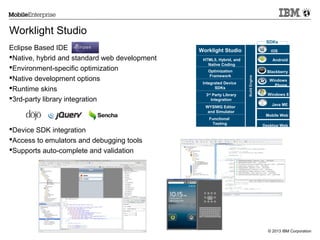 Worklight Studio
Eclipse Based IDE
Native, hybrid and standard web development
Environment-specific optimization
Native development options
Runtime skins
3rd-party library integration

SDKs

Worklight Studio
HTML5, Hybrid, and
Native Coding
Optimization
Framework
Integrated Device
SDKs
3rd Party Library
Integration
WYSIWG Editor
and Simulator
Functional
Testing

Device SDK integration
Access to emulators and debugging tools
Supports auto-complete and validation

iOS
Android
Blackberry
Windows
Phone
Windows 8
Java ME
Mobile Web
Desktop Web

© 2013 IBM Corporation

 