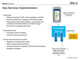 Geo-Services Implementation

 Server side maintains live context:
− Reaction to important geo events
− Other business data enrichment
− Context information integration with business processes
− Storage for analytics

Adapter

 Generated events:
− Proximity to point of interest
− Entering, leaving a geo-fence

Worklight
Server
Adapter

 Client-side
− Efficient sampling of GPS, cell triangulation, and WiFi
− Works for foreground, background and off-line apps
− Policy-based, batch data collection, compression and
transfer for minimized battery and network usage
− Rich APIs for developer full control

Collect, compress and
stream important
information

Location Data

Analytics
Repository

Feed location data and
triggers to business
processes decision
management systems
etc.
© 2013 IBM Corporation

 