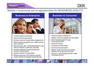 Mobile = enormous set of opportunities for BUSINESS AGILITY
          Business to Enterprise                            Business to Consumer




    •   Increase worker productivity                     • Improve customer satisfaction
    •   Improved claims processing                       • Deeper customer engagement and loyalty
    •   Increase revenue through sales engagements       • Drive increased sales through
                                                           Personalized offers
    •   Extend existing applications to mobile workers
        and customers                                    • Customer service
    •   Reducing fuel, gas, or fleet maintenance costs   • Competitive differentiator
        that are relevant in particular industries       • Improve brand perception
    •   Increase employee responsiveness and             • Deeper insight into customer buying
        decision making speed                              behavior for up sell and cross sell
    •   Resolve internal IT issues faster                • Improve in store experience with mobile
    •   Reduce personnel cost (utilizing personal          concierge services
        owned instead of corporate issued devices)

                                                                                               3
 