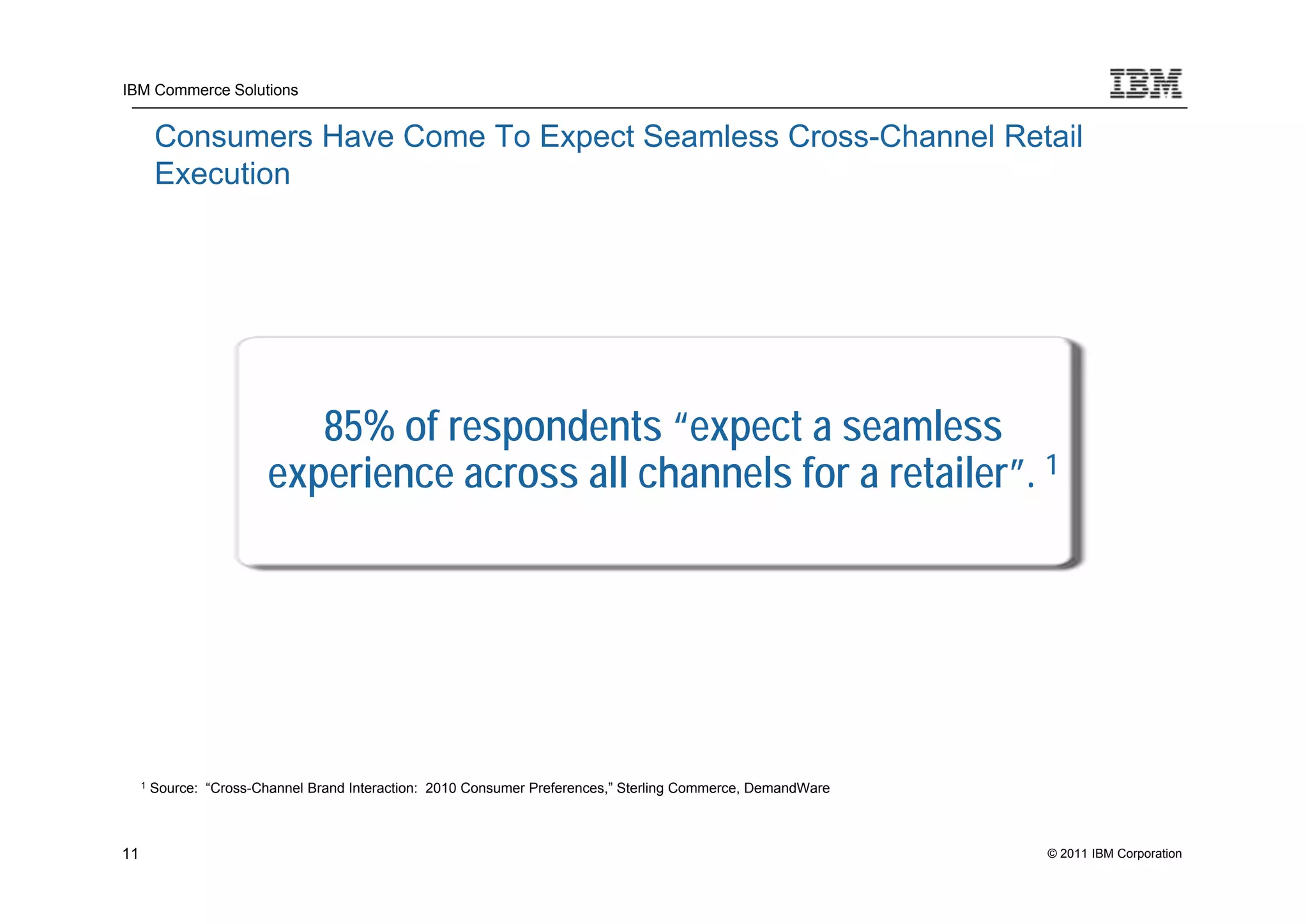 IBM Commerce Solutions


         Consumers Have Come To Expect Seamless Cross-Channel Retail
         Execution




                             85% of respondents “expect a seamless
                          experience across all channels for a retailer”. 1




     1   Source: “Cross-Channel Brand Interaction: 2010 Consumer Preferences,” Sterling Commerce, DemandWare



11                                                                                                             © 2011 IBM Corporation
 