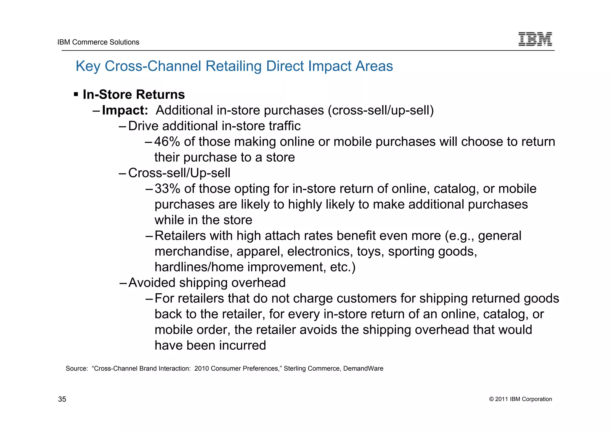 IBM Commerce Solutions


     Key Cross-Channel Retailing Direct Impact Areas
      In-Store Returns
         – Impact: Additional in-store purchases (cross-sell/up-sell)
             – Drive additional in-store traffic
                  – 46% of those making online or mobile purchases will choose to return
                    their purchase to a store
             – Cross-sell/Up-sell
                  – 33% of those opting for in-store return of online, catalog, or mobile
                    purchases are likely to highly likely to make additional purchases
                    while in the store
                  – Retailers with high attach rates benefit even more (e.g., general
                    merchandise, apparel, electronics, toys, sporting goods,
                    hardlines/home improvement, etc.)
             – Avoided shipping overhead
                  – For retailers that do not charge customers for shipping returned goods
                    back to the retailer, for every in-store return of an online, catalog, or
                    mobile order, the retailer avoids the shipping overhead that would
                    have been incurred
  Source: “Cross-Channel Brand Interaction: 2010 Consumer Preferences,” Sterling Commerce, DemandWare



35                                                                                                      © 2011 IBM Corporation
 