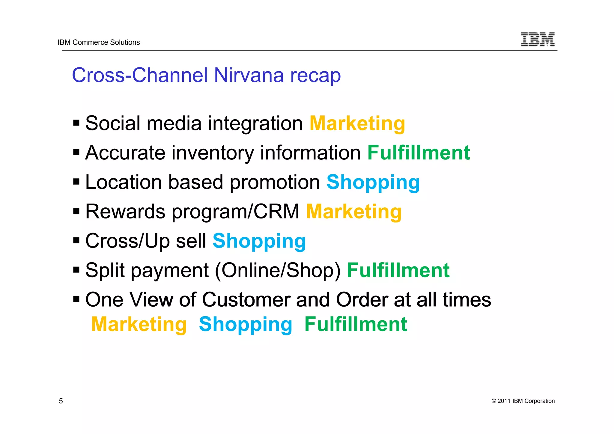 IBM Commerce Solutions




    Cross-Channel Nirvana recap

     Social media integration Marketing
     Accurate inventory information Fulfillment
     Location based promotion Shopping
     Rewards program/CRM Marketing
     Cross/Up sell Shopping
     Split payment (Online/Shop) Fulfillment
     One View of Customer and Order at all times
      Marketing Shopping Fulfillment


5                                                   © 2011 IBM Corporation
 