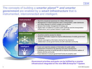 The concepts of building a smarter planet™ and smarter
government are enabled by a smart infrastructure that is
instrumented, interconnected and intelligent.
            Instrumented
                                Real-time situational awareness for military effectiveness
                                Management of critical equipment used in transportation, water distribution
                                 and waste disposal to prevent outages and accidents
                                Sensors that enable management of energy use
                                Digital video surveillance to protect public buildings and the transportation
                                 infrastructure, and to protect citizens in public areas


            Interconnected
                                Anywhere anytime access for citizens
                                Dynamic information support to improve effectiveness of mobile government
                                 employees
                                Critical cross-agency information sharing for key decisions
                                Collaboration across governments and with extended community


             Intelligent        Fusion and real-time analysis of information for public safety
                                Assessment of trends for city planning and policy development
                                Evaluating outcomes of social services to improve the economic welfare of
                                 citizens and the community
                                Fraud detection to ensure government funds are properly used




                           Government priorities and goals can be fulfilled by a smarter
                           infrastructure integrated on the new IBM zEnterprise™ System.
3                                                                                                   © 2010 IBM Corporation
 