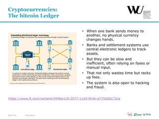 §  When one bank sends money to
another, no physical currency
changes hands.
§  Banks and settlement systems use
central electronic ledgers to track
assets.
§  But they can be slow and
inefficient, often relying on faxes or
manual input.
§  That not only wastes time but racks
up fees.
§  The system is also open to hacking
and fraud.
FUSSZEILESEITE 10
Cryptocurrencies:
The bitcoin Ledger
https://www.ft.com/content/454be1c8-2577-11e5-9c4e-a775d2b173ca
 