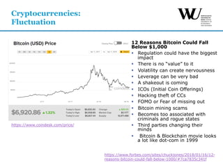 12 Reasons Bitcoin Could Fall
Below $1,000
§  Regulation could have the biggest
impact
§  There is no “value” to it
§  Volatility can create nervousness
§  Leverage can be very bad
§  A shakeout is coming
§  ICOs (Initial Coin Offerings)
§  Hacking theft of CCs
§  FOMO or Fear of missing out
§  Bitcoin mining scams
§  Becomes too associated with
criminals and rogue states
§  Third parties changing their
minds
§  Bitcoin & Blockchain movie looks
a lot like dot-com in 1999
Cryptocurrencies:
Fluctuation
https://www.coindesk.com/price/
https://www.forbes.com/sites/chuckjones/2018/01/16/12-
reasons-bitcoin-could-fall-below-1000/#7ca7835c341f
 