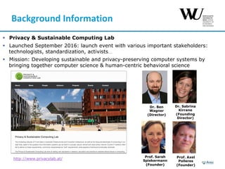 Background	Information	
§  Privacy & Sustainable Computing Lab
§  Launched September 2016: launch event with various important stakeholders:
technologists, standardization, activists…
§  Mission: Developing sustainable and privacy-preserving computer systems by
bringing together computer science & human-centric behavioral science
Prof. Sarah
Spiekermann
(Founder)
Prof. Axel
Polleres
(Founder)
Dr. Sabrina
Kirrane
(Founding
Director)
Dr. Ben
Wagner
(Director)
http://www.privacylab.at/
 