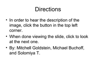 Directions
• In order to hear the description of the
image, click the button in the top left
corner.
• When done viewing the slide, click to look
at the next one.
• By: Mitchell Goldstein, Michael Buchoff,
and Solomiya T.
 