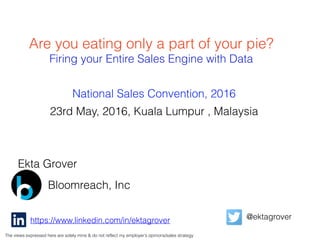 Are you eating only a part of your pie?
Firing your Entire Sales Engine with Data
Ekta Grover
Bloomreach, Inc
https://www.linkedin.com/in/ektagrover @ektagrover
The views expressed here are solely mine & do not reflect my employer’s opinions/sales strategy
National Sales Convention, 2016
23rd May, 2016, Kuala Lumpur , Malaysia
 