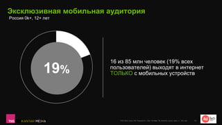 Эксклюзивная мобильная аудитория
TNS Web Index УИ, Россия 0+, Сен '15-Фев '16, Monthly reach, млн. ч., 12+ лет 20
16 из 85 млн человек (19% всех
пользователей) выходят в интернет
ТОЛЬКО с мобильных устройств19%
Россия 0k+, 12+ лет
 