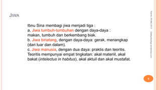 JIWA
Kamis,09Mei2013
6
Detikpsikologi.wordpress.com
Ibnu Sina membagi jiwa menjadi tiga :
a. Jiwa tumbuh-tumbuhan dengan daya-daya :
makan, tumbuh dan berkembang biak.
b. Jiwa binatang, dengan daya-daya: gerak, menangkap
(dari luar dan dalam).
c. Jiwa manusia, dengan dua daya: praktis dan teoritis.
Teoritis mempunyai empat tingkatan: akal materiil, akal
bakat (intelectus in habitus), akal aktuil dan akal mustafat.
 