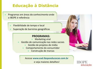 Educação à Distância
Acesse www.ead.ibopeeducacao.com.br
e veja maiores detalhes!
» Programas em áreas do conhecimento onde
o IBOPE é referência
» Flexibilidade de tempo e local
» Superação de barreiras geográficas
PROGRAMAS:
» Marketing viral
» Gestão de comunicação nas redes sociais
» Gestão de projetos de mídia
» Comportamento do consumidor
» Construção de marcas
 
