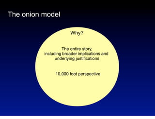 The onion model
Why?
The entire story,
including broader implications and
underlying justifications
10,000 foot perspective

 