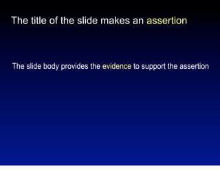 The title of the slide makes an assertion

The slide body provides the evidence to support the assertion

 