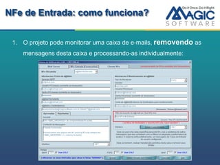 NFe de Entrada: como funciona?


 1. O projeto pode monitorar uma caixa de e-mails, removendo as
    mensagens desta caixa e processando-as individualmente:
 